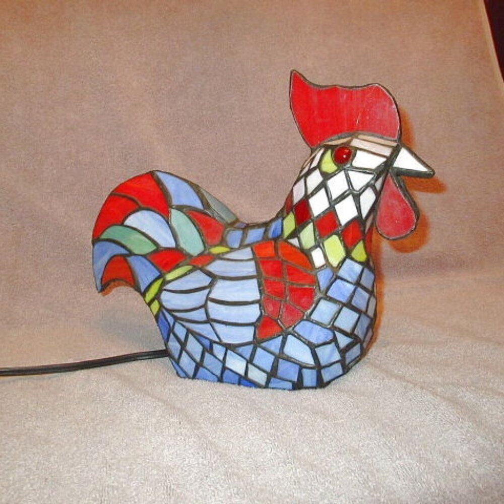 Vtg Tiffany Style Stained Glass Rooster Bird Table Lamp Night Light Off Switch